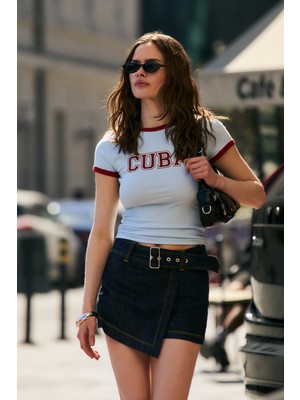 Grimelange Wren Kadın Yumuşak ve Esnek Kumaşlıi Baskı Detaylı Slim Mavi T-Shirt