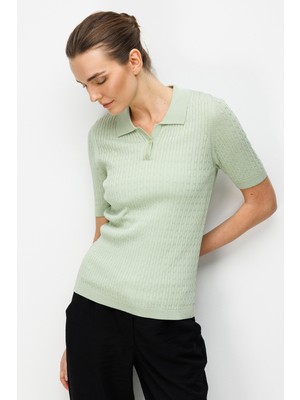 Desen Triko Kadın Polo Yaka Saç Örgülü Ince Triko Bluz 26373 Su Yeşili