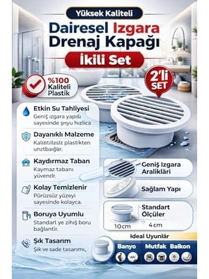 Skygo 2 Li Yuvarlak Gider Süzgeci ve Koku Önleyici Kapak, Banyo, Mutfak, Duş ve Zemin Giderlerinde Kullanıma Uygun, 10 cm Çap, Dayanıklı Plastik, Saç ve Atık Tutucu Izgaralı Tasarım, Kolay Temizlik
