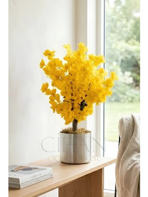 Cihan Çiçekçilik Yapay Sarı Bahar Dalı Ağacı Metal Saksılı - 60 cm
