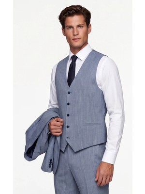 Giotelli Erkek Lacivert Dar Kesim Slim Fit Viskon 6 Drop Yelekli Takım Elbise