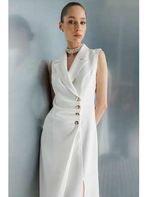 Moda İlgi Moda Ilgi Kadın Kruvaze Düğme Detaylı Kolsuz Midi Elbise 0026 Ekru