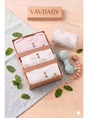 Vavbaby Doğal Dokulu 3’lü Uzun Kollu Bebek Zıbın Seti - Tavşan Desenli ve Fitilli Body- Pembe (0-3 Ay)