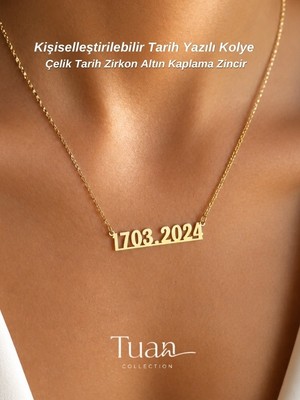 Tuan Collection Tarih Yazılı Gold Çelik Tarih Zirkon Altın Kaplama Zincir Kişiselleştirilebilir Kolye