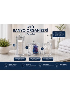 TBY Shop 3’lü Banyo Organizer Seti – Pamukluk, Kulak Çubuğu Kutusu & Çekmeceli Düzenleyici & Makyaj Organizeri