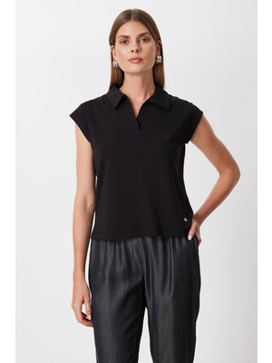 On Kadın Polo Yaka Kolsuz Bluz 71344 Siyah