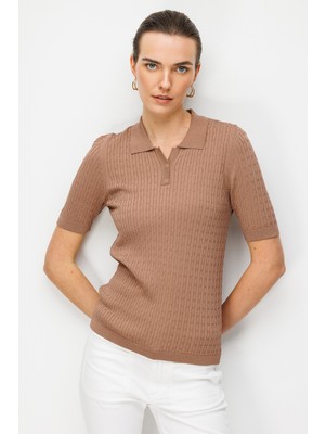 Desen Triko Kadın Polo Yaka Saç Örgülü Ince Triko Bluz 26373 Mocha
