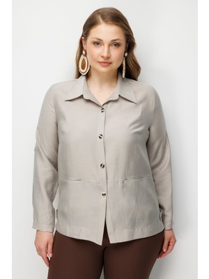 Ekol Kadın Büyük Beden Torba Cepli Polo Yaka Gömlek 7602 Taş