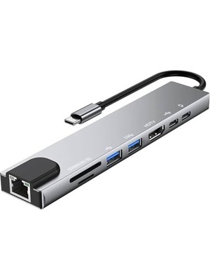 Skygo AL-C80 Type-C 8in1 Çevirici Adaptör 4K HDMI + 2port USB 3.0 + RJ45 Gbit+ Sd Micro Kart