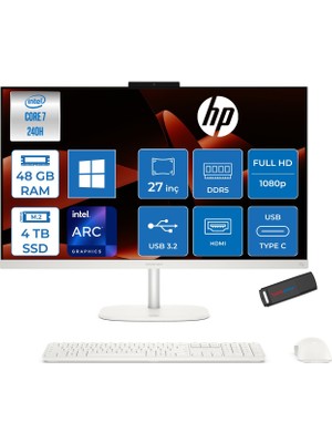 Hp Omnistudio 27-CU0008NT Intel Core 7 240H Up 5.2ghz 48GB Ddr5 4tb SSD 27" Fhd (1920X1080) IPS 350 Nit %100 Srgb Wled WIN11PRO Beyaz Allınone Bilgisayar D62C0EAP20+ZETTAUSBBELLEK