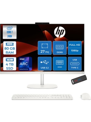 Hp Omnistudio 27-CU0008NT Intel Core 7 240H Up 5.2ghz 80GB Ddr5 4tb SSD 27" Fhd (1920X1080) IPS 350 Nit %100 Srgb Wled Freedos Beyaz Allınone Bilgisayar D62C0EAF30+ZETTAUSBBELLEK