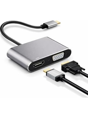 Skygo Usb-C Görüntü Dönüştürücü Adaptör 4K HDMI + VGA Çıkışlı Type-C To HDMI VGA Hub Laptop Tablet Telefon Ekran Yansıtma Monitör Tv Projeksiyon Bağlantı Aparatı Plug & Play | NRT-22100