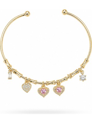 Serelya Pirinç Zirkon Taşlı Pembe Kalp Model Gold Renk Charm Bileklik