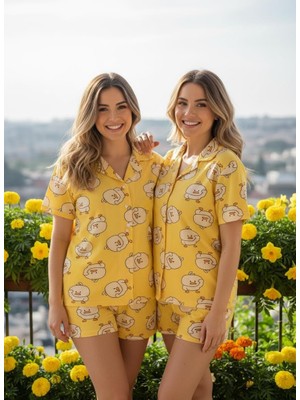 NiCe İç Giyim Sarı Civciv Desen Canlı Renkler Milan Kumaş Baharlık Düğmeli Gömlek Model Şortlu Kadın Pijama Takım