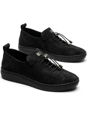 Giamgia Store Kadın Siyah Süet Lastik Bağcıklı Dikişli Esnek Taban Günlük Casual Spor Ayakkabı