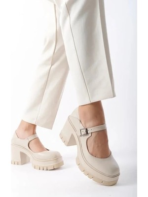 Asmi Shoes Tek Baletli Neon Krem 8 cm Topuklu Platformlu Loafer Ayakkabı