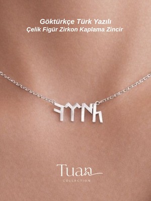 Tuan Collection Göktürkçe Türk Yazılı Çelik Isim Zirkon Kaplama Zincir Gümüş Renk Kolye Türk Yazılı Kolye