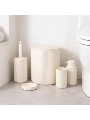 Skygo 5’li Limon Rengi Banyo Seti – Çöp Kovası, Sıvı Sabunluk, Diş Fırçalık, Sabunluk ve Wc Fırçası – Modern Çizgili Şık Tasarım