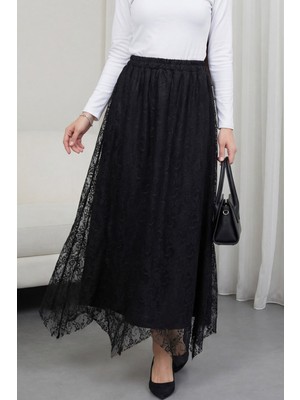 Moda Morfo Asimetrik Kesim Astarlı Beli Lastikli Tül Etek -Siyah
