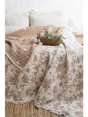 Layan Home 7 Kat Müslin Çift Kişilik Yorgan – Sakura Çiçeği Desenli Kahve & Krem