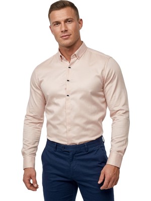 Deepsea Bej Slim Fit Likralı Kolay Ütülenebilir Gizli Düğmeli Erkek Gömlek 2602614