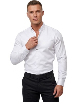 Rizzup Beyaz Slim Fit Likralı Kolay Ütülenebilir Gizli Düğmeli Erkek Gömlek 2602614
