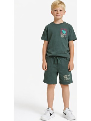 Enie Erkek Çocuk Haki Pamuklu Kısa Kollu Yazı Baskılı T-Shirt ve Şort Ikili Takım