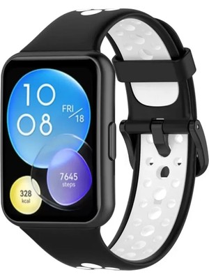 Esranın Dünyası Newface Huawei Watch Fit 2 Spor Delikli Kordon - Siyah-Beyaz