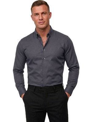 Rizzup Füme Slim Fit Likralı Kolay Ütülenebilir Gizli Düğmeli Erkek Gömlek 2602614