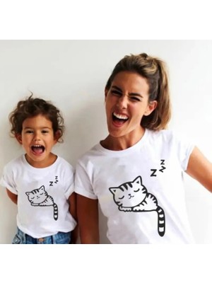 Nigrum Pardus Nıgrum Pardus Yeni Sezon Z Z Z Uyuyan Kedicik Baskılı %100 Pamuk Anne-Çocuk T-Shirt.1 Adet