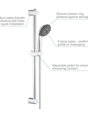 Mabeyn Start 100 Sürgülü Duş Seti, 600 mm Sürgülü Ray, 100MM El Duşu 3 Akışlı, 1750 mm Duş Hortumu, Kireç Önleyici Sistem, Duş Başlığı, Krom, 26032000