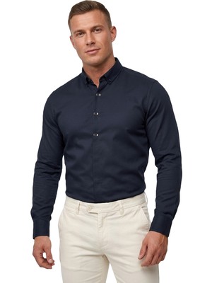 Deepsea Lacivert Slim Fit Likralı Kolay Ütülenebilir Gizli Düğmeli Erkek Gömlek 2602614