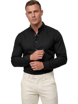 Deepsea Siyah Slim Fit Likralı Kolay Ütülenebilir Gizli Düğmeli Erkek Gömlek 2602614