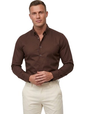 Deepsea Kahve Slim Fit Likralı Kolay Ütülenebilir Gizli Düğmeli Erkek Gömlek 2602614