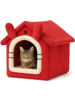Mabeyn Kedi Evi Yumuşak Kedi Yatağı | Peluş Derin Uyku Evi, Çıkarılabilir Minderli, Isı Yalıtımlı Kışlık Ev | Katlanır Kedi Evi (Kırmızı)