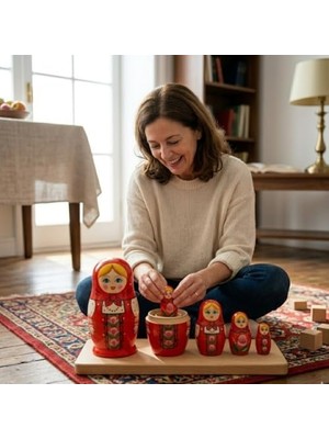 Mabeyn Matruşka Seti, Kırmızı, Ahşap, 6 Parça, El Yapımı, Eğitici, Çiçek Desenli, Dekoratif