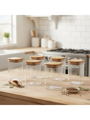 Mabeyn 6'lı Set 350 ml Bambu Kapaklı Kare Cam Kavanoz - 6X10 cm Vakumlu Orta Boy Şeffaf Erzak Kabı Kahve Çay Baharatlık ve Mutfak Düzenleyici Organizer Saklama Kutusu