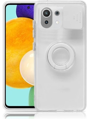 TKÇ Xiaomi Mi 11 Lite Kılıf Sürgülü Kamera Lens Korumalı Yüzük Standlı Silikon KILIF-(5775)