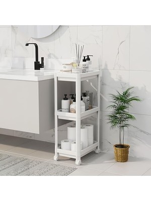 Mabeyn Peggy 3 Katlı Tekerlekli Raf Ünitesi - 36X71X23 cm Dar Alan Düzenleyici - Mutfak ve Banyo Için Aletsiz Kurulum Servis Arabası (Beyaz - Siyah - Gri) (Beyaz)