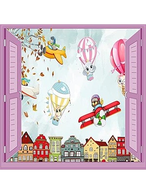 Mabeyn Çocuk Odası Bebek Odası Pencere Poster Duvar Kağıdı Balonlar Hayvanlar
