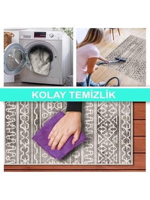 Mabeyn Dizayn Adoni Desenli Kadife Pamuk Tabanlı Yıkanabilen Kaydırmaz Antibakteriyel Salon Halısı (60X190)