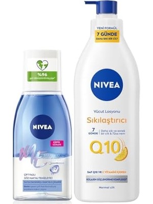 Mabeyn Çift Fazlı Göz Makyaj Temizleme Suyu 125ML ve Q10 Sıkılaştırıcı Nemlendirici Vücut Losyonu 400ML, C Vitamini, Kolajen Tetikleyici, Biotin, Suya Dayanıklı Makyaj