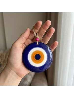 Mabeyn El Yapımı Seramik Nazar Boncuğu – 8cm Duvar ve Kapı Süsü, Jüt Ipli Otantik Asılı Dekorasyon, Geleneksel Koruyucu Tılsım