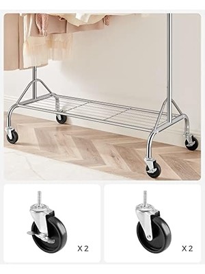 Mabeyn Metal Elbise Askısı, Ayakkabı Raflı, Tekerlekli, Ağır Yükler Taşıyabilir, 50 kg Taşıma Kapasiteli, Uzunluk 110,5-150,5 Cm, Krom Kaplama HSR02S