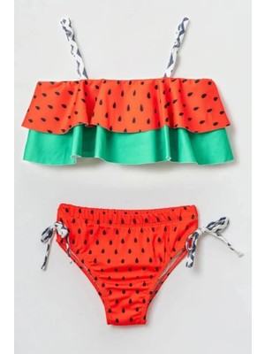 Bunny Hopp Kız Çocuk Karpuz Desenli Fırfırlı Bikini Takımı - Hızlı Kuruyan Deniz ve Havuz Seti