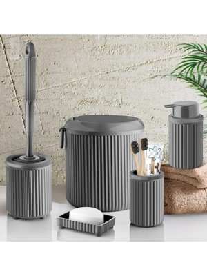 Mabeyn Çöp Kovası Tuvalet Fırçası Sıvı Sabunluk Diş Fırçalık Katı Sabunluk 5 Parça Banyo Seti 4 Litre Gri