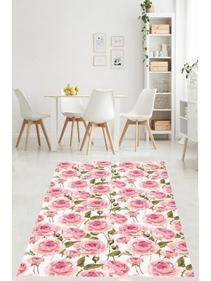 Mabeyn Pembe Zeminde Gül Motifli Floral Desenli Yıkanabilir Kaymaz Taban Leke Tutmaz Salon Halısı Yolluk Pnhs9, 100 x 250