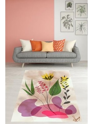 Mabeyn Pelangi Minimal Çiçek Desenli Renkli Yıkanabilir Kaymaz Taban Leke Tutmaz Salon Halısı Yolluk, Yeşil-Pembe-Lila-Sarı 80 x 400