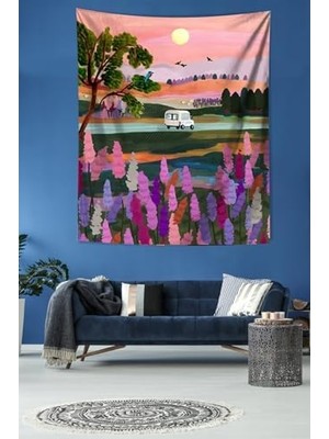 Mabeyn Pelangi Gün Batımı Yolculuk Yoldaki Araba Leke Tutmaz Kumaş Duvar Örtüsü Duvar Halısı Tapestry PNTR003, 100 x 140