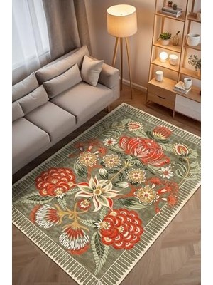 Mabeyn Serem Çiçekli Şönil Kaymaz Doğal Pamuk Tabanlı Yıkanabilir Antibakteriyel Çevre Dostu Salon Halısı 120X180